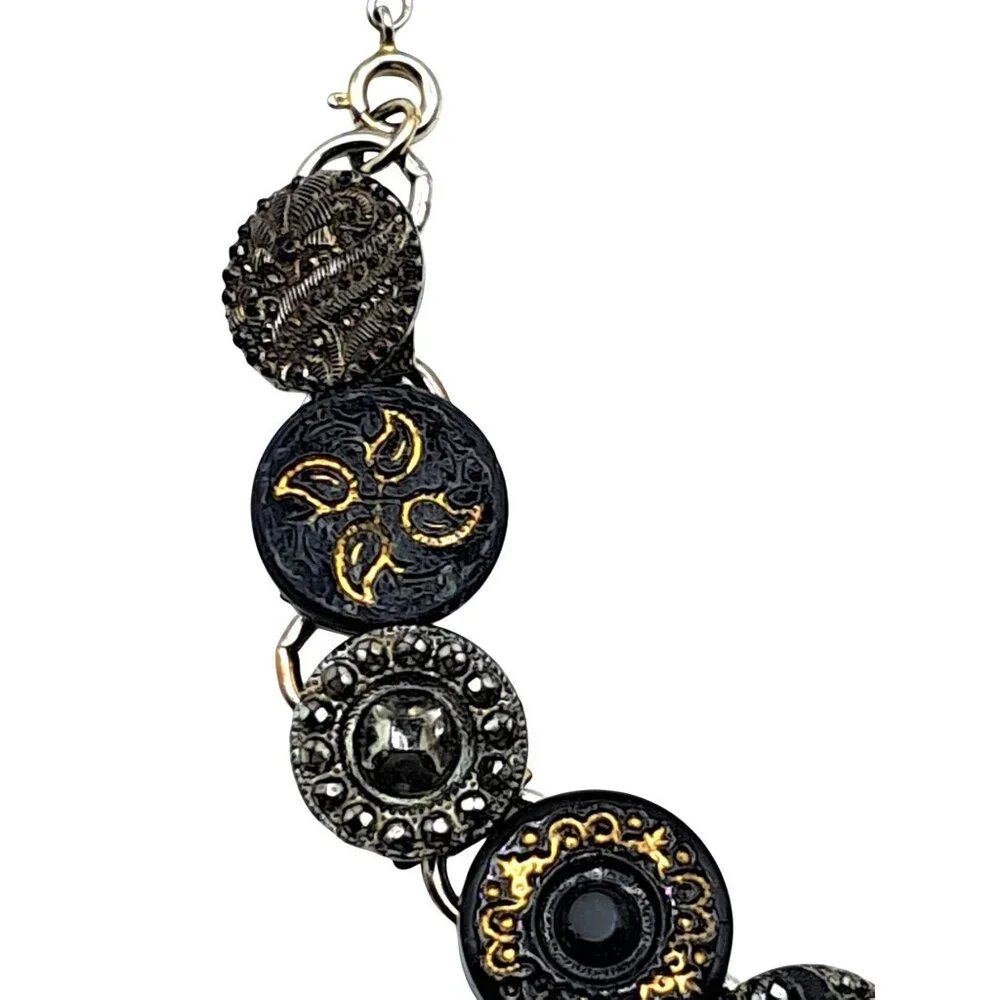 Antique Glass Button Bracelet With Black & Gold Tone Accents On Silver Tone Chai